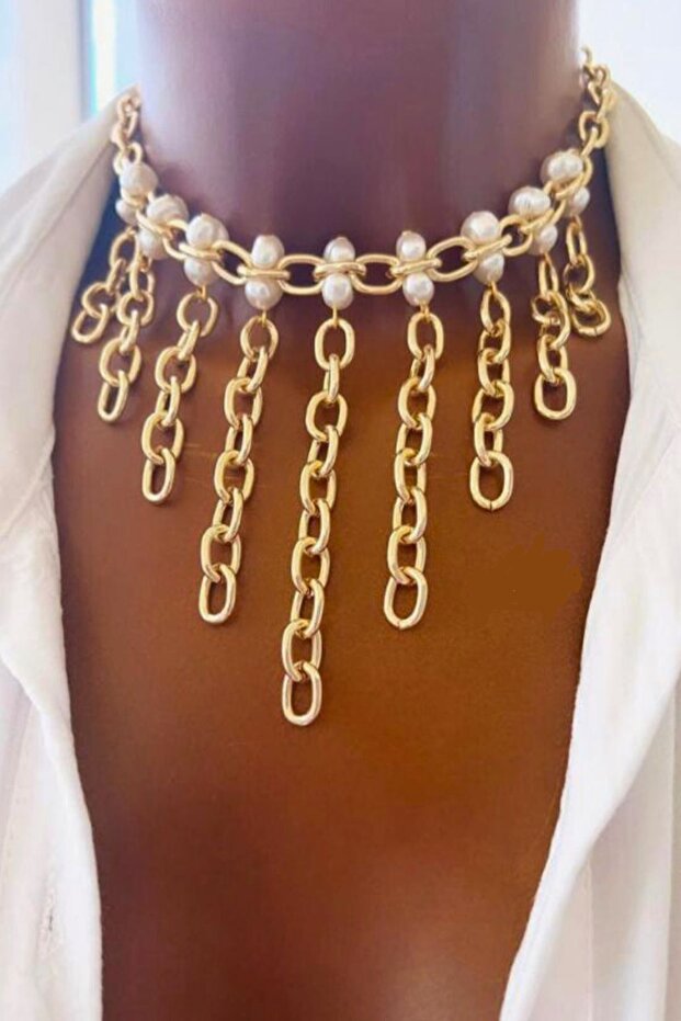 Baroque Pearl Chain Detailed Fringed Style Design Necklace