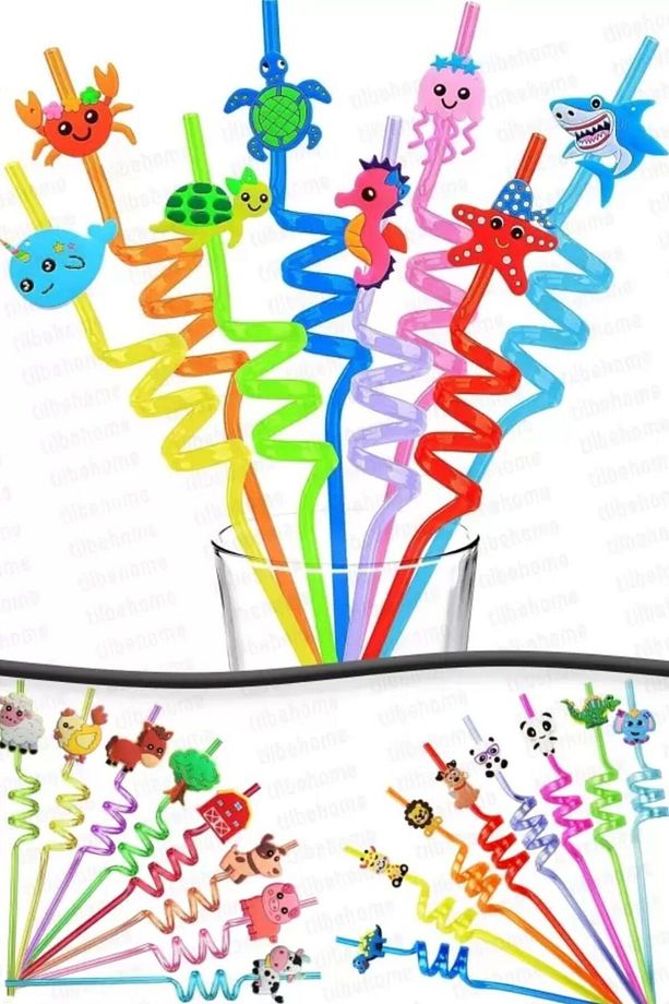 Figürlü Pipet 8 Adet Sevimli Hayvan ve Meyve Figürlü Pipet Parti Pipeti - 4
