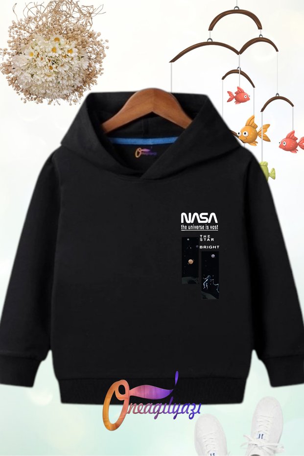 Nasa White Text Printed Kids' Hooded Sweatshirt