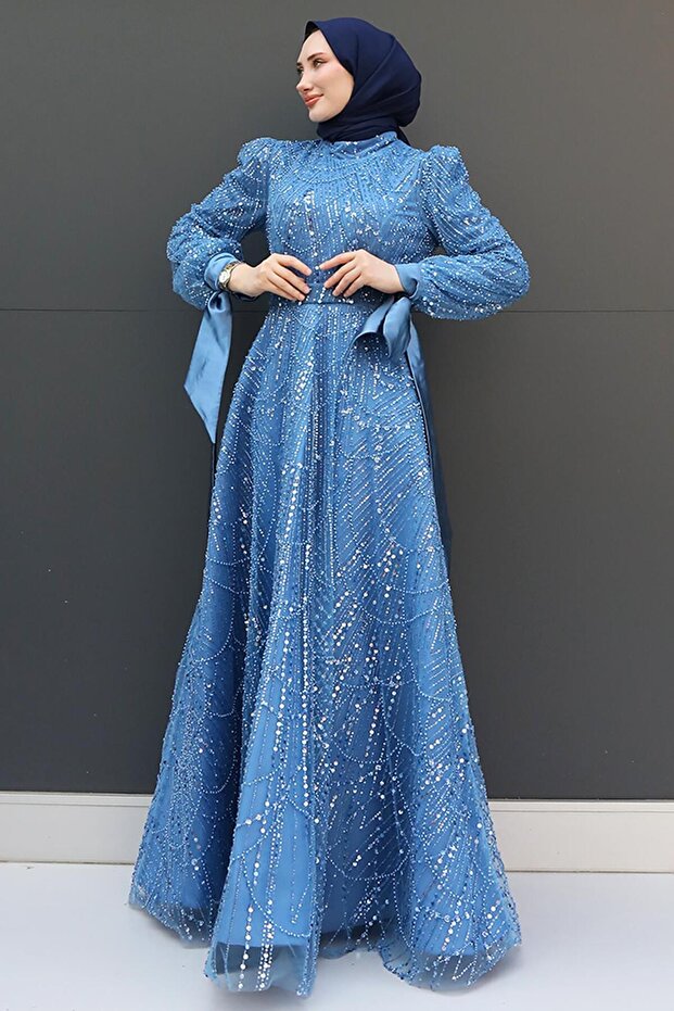 Blue Selver Hijab Evening Dress