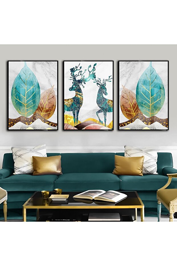 | Turquoise-Gold Most Stylish Flower-Deer Combination | Framed Tempered Glass Table 3 Vertical