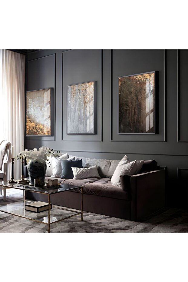 Hari̇kabi̇rev | Gray-Gold-Black Abstract Abstract Combination 06 | Framed Glass Table 3 Pieces Vertical