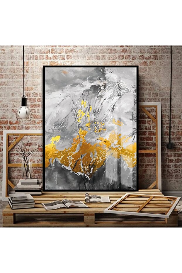 هاريكابيريف | رسم تجريدي باللون الأبيض والرمادي والذهبي 03 | طاولة من الزجاج المقسى بإطار عمودي واحد