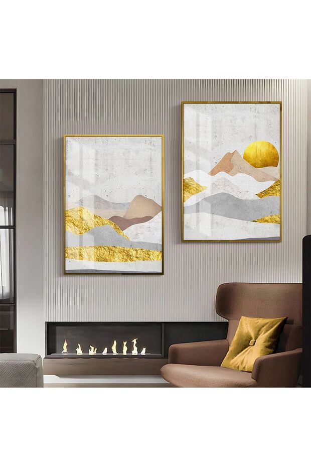 Hari̇kabi̇rev | Gold-White Mountain Pattern Abstract Combination 02 | Framed Glass Table 2 Pieces Vertical