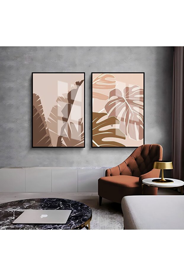 Hari̇kabi̇rev | Cream-Beige Patterned Palm Leaf Combination 01 | Framed Glass Table 2 Pieces Vertical