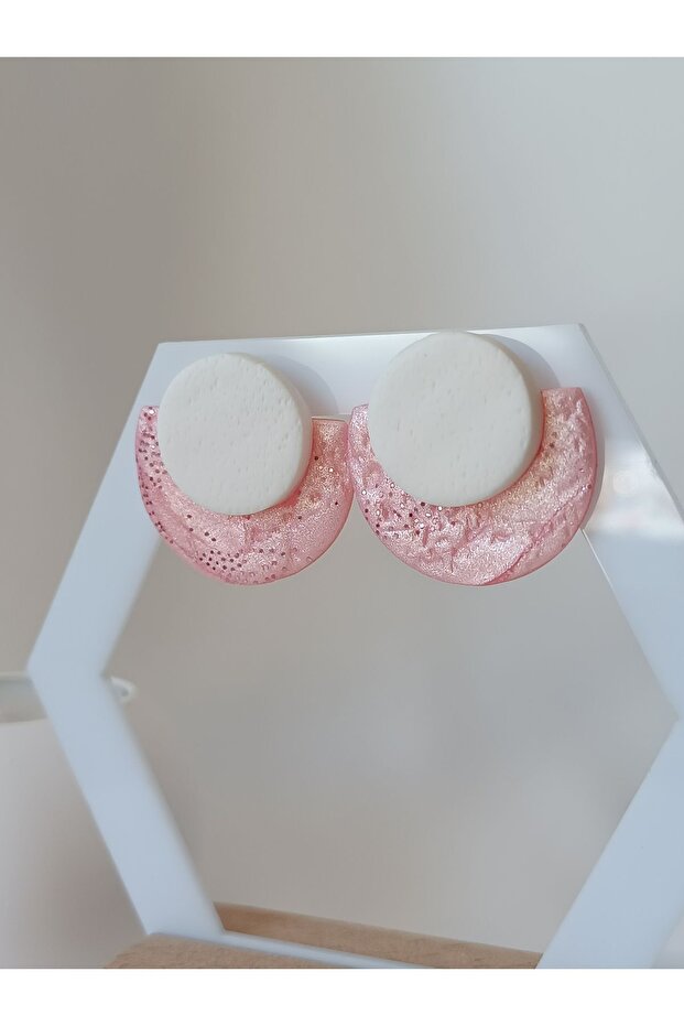 STEEL EARRING HOLDING - SHINY PINK GLITTER Glittery FIXED HANDMADE POLYMER CLAY EARRINGS