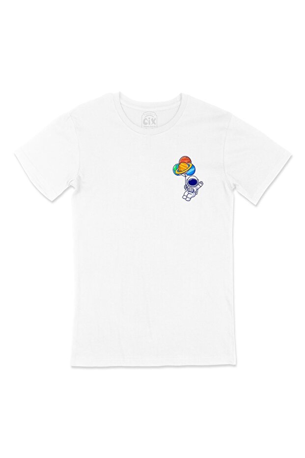 White T-Shirt with Planet Balloon Astronaut Pocket Logo Design