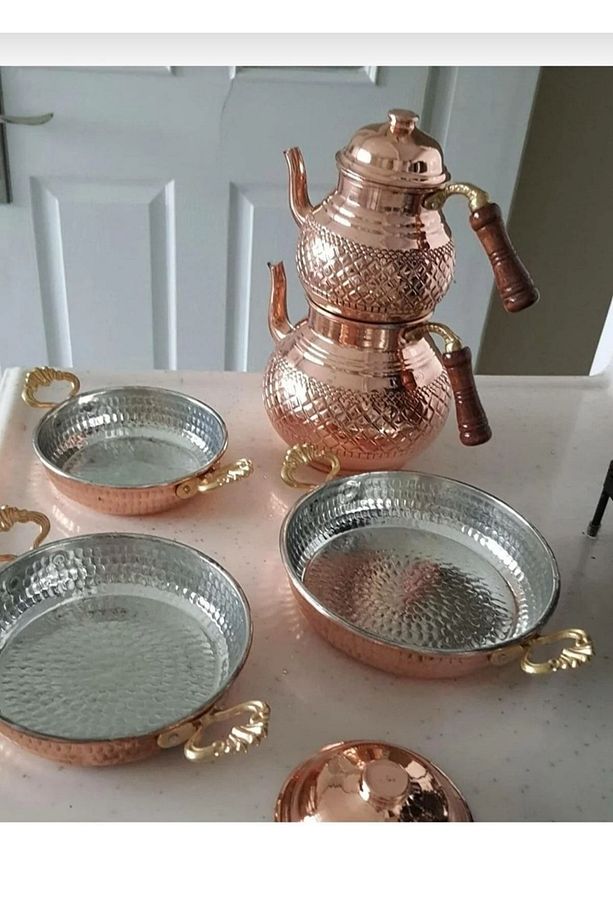 Bakir Çaydanlık & (3) Lu Bakir Tava Komple Set ,hediye Cmradaavm01 - 1