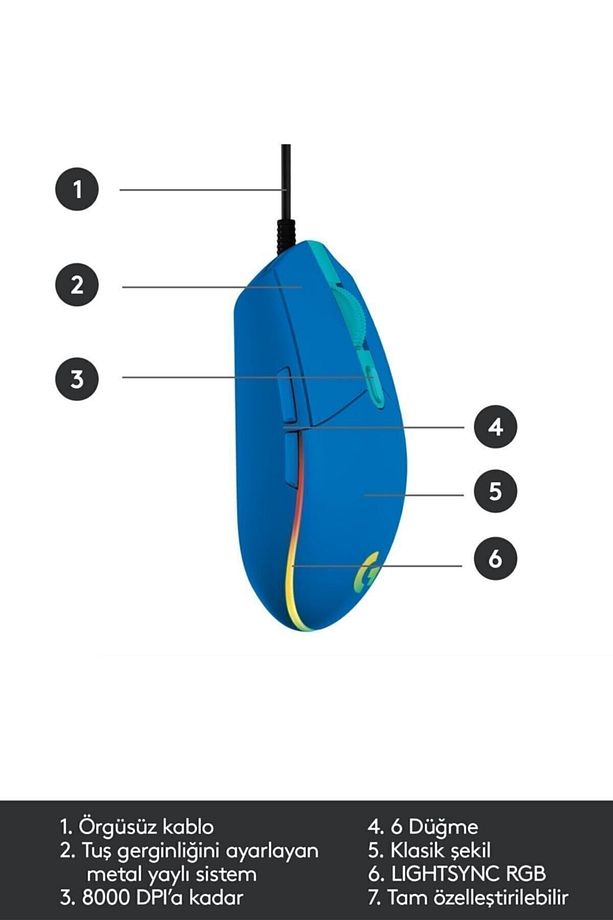 G G102 LIGHTSYNC RGB Aydınlatmalı 8.000 DPI Kablolu Oyuncu Mouse - Mavi - 7