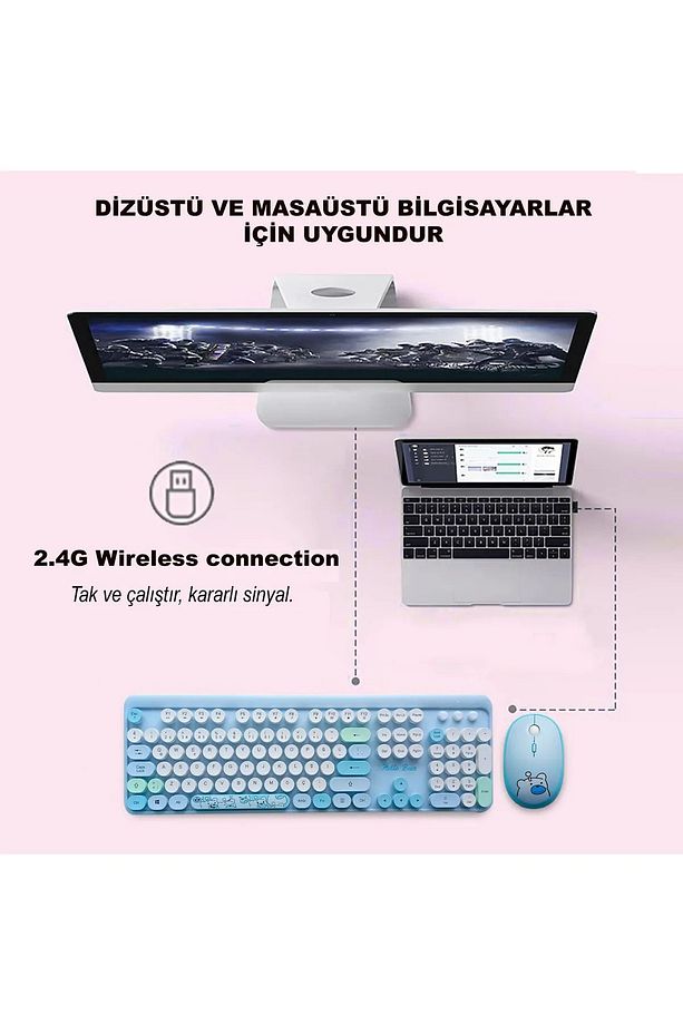 Sevimli Ayıcık Desenli Kablosuz Klavye & Mouse Set - Türkçe, Renkli ve  Yuvarlak Tuşlar ! - 7