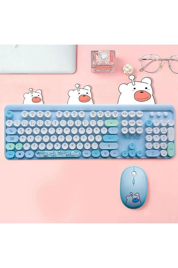 Sevimli Ayıcık Desenli Kablosuz Klavye & Mouse Set - Türkçe, Renkli ve  Yuvarlak Tuşlar ! - 1