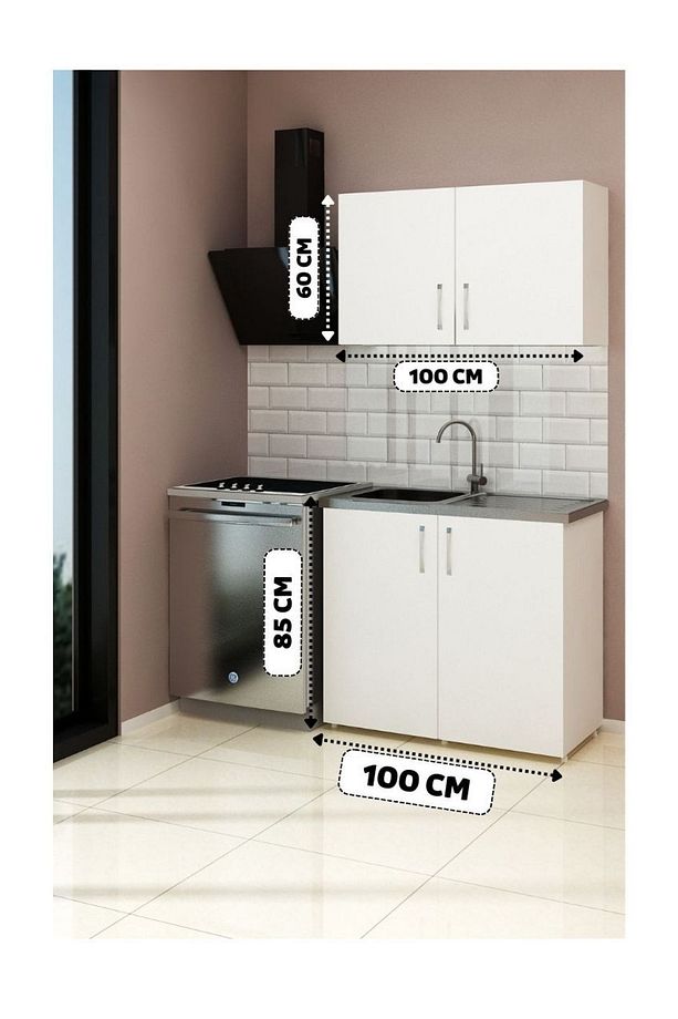 100 cm Mini Çelik Evyeli Mutfak Dolabı Alt Üst Seti, Minimalist Modern Mutfak Ünitesi - 1