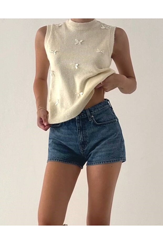 Ecru Mini Ribbon Detailed Sleeveless Sweater-4466
