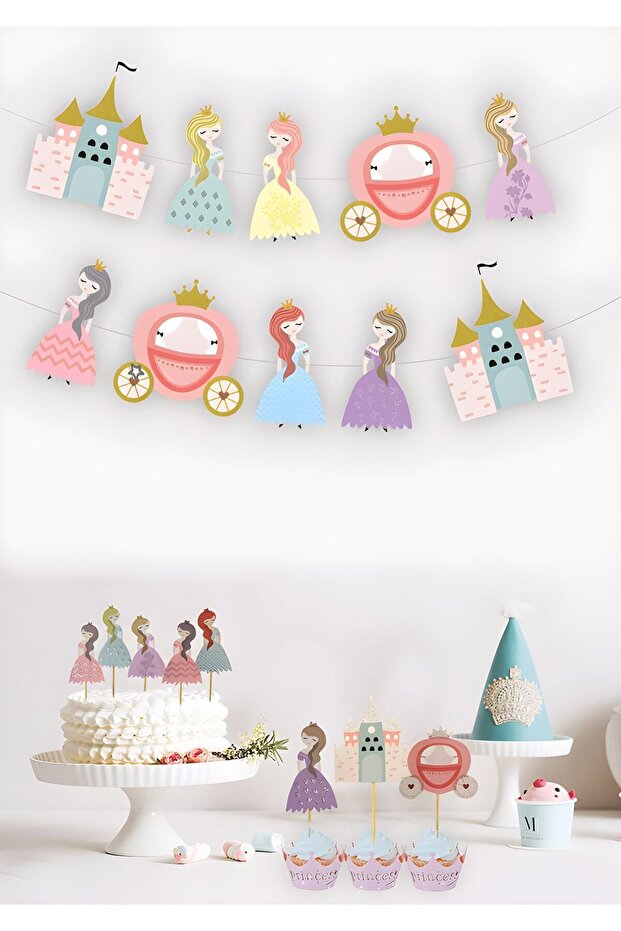 Princesses Themed Glittery Banner with Chats and Car 10 Pieces and 10 Toothpicks