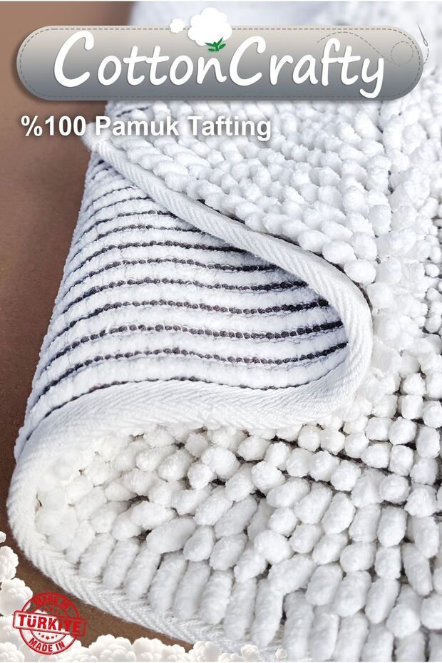 Pamuk Tafting Su Emici Banyo Paspas Seti, Banyo Halısı Makarna 2 Li Set 60x100 - 60x50 - 5