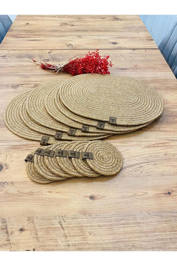 Jute Straw American Style Oval Serving Tray and Cup Holder Set of 8