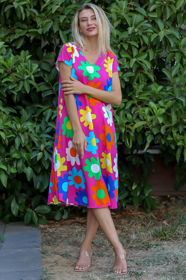 Pink V-Neck Low Sleeve Floral Crinkle Woven Dress