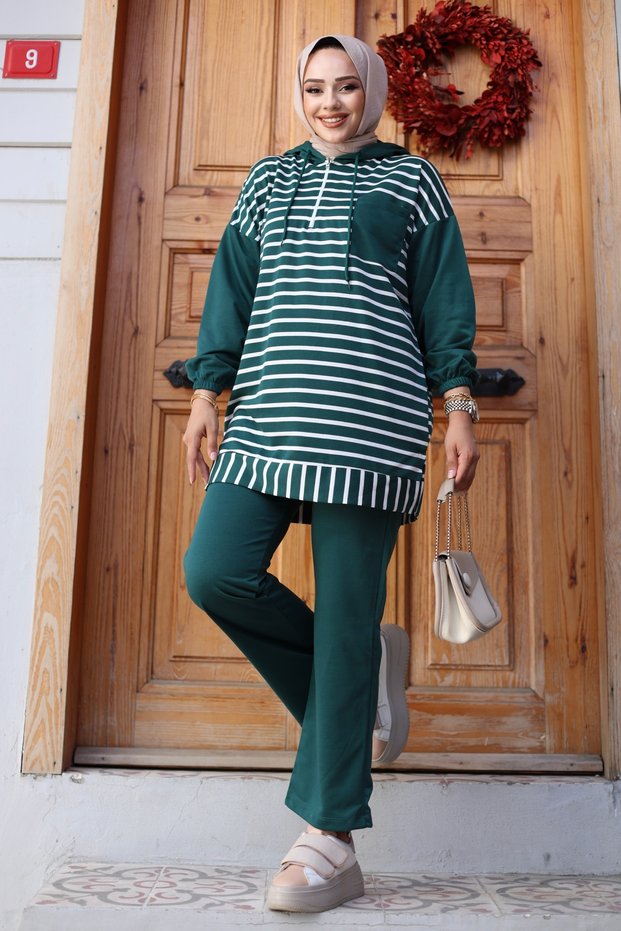 Women's Hijab Clothing Tunic Suit with Hood and Front Half Zipper Stripes 2 Thread Pantalon