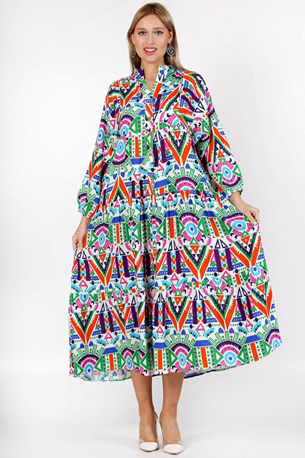 Orange-white Pleated Collar Balloon Sleeve Geometric Patterned Allover Printed Wide Cut Woven Dress