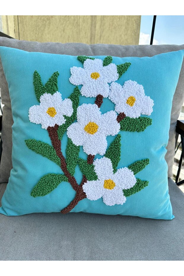 Punnch Panch Spring Flower Handmade Panch Cushion Cover Turquoise Color 43X43