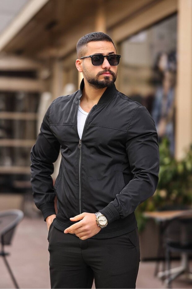 سترة بومبر أساسية ربيعية باللون الأسود للرجال - 1