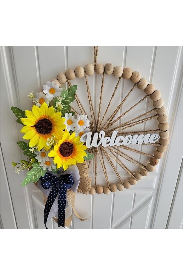 Ahşap Boncuklu Ayçiçeği Papatya Kapı Duvar Süsü Kapı Önü Aksesuarı (32 Cm) - 5
