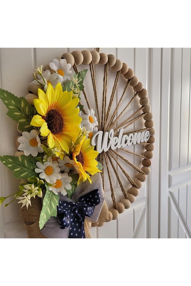 Ahşap Boncuklu Ayçiçeği Papatya Kapı Duvar Süsü Kapı Önü Aksesuarı (32 Cm) - 4