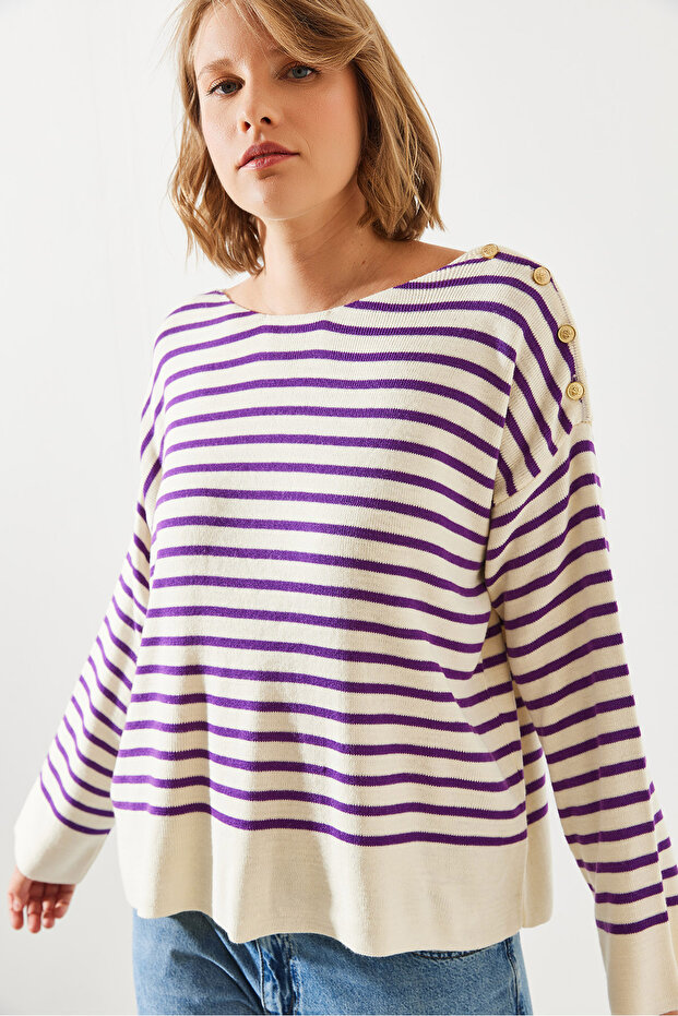 Women's Ecru Purple Striped Buttoned Shoulder Sweater 20247511