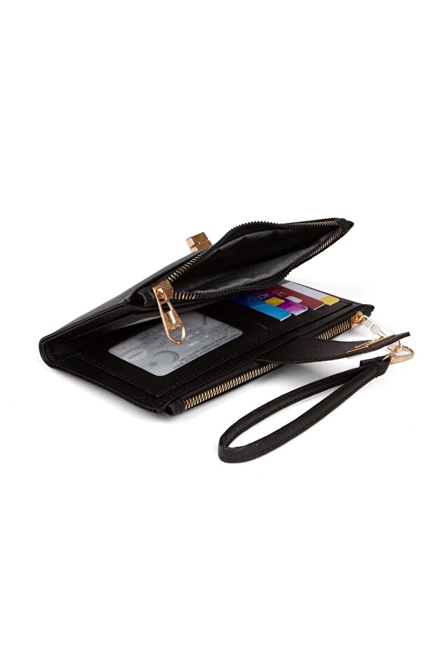 Női fekete Venesia papír érmekártyatartó rekesz, zárható csuklópántos portfóliós pénztárca - 7
