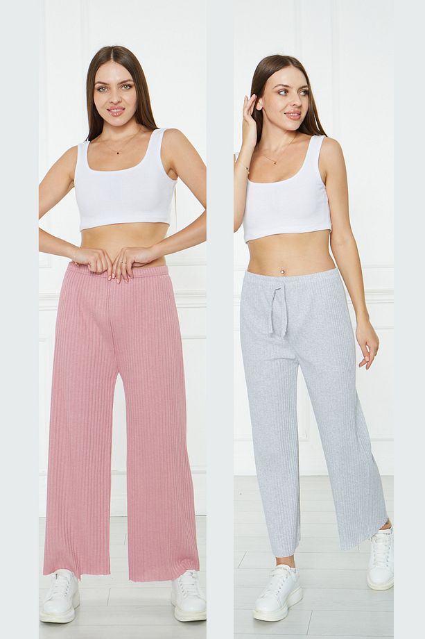 PEMBE-GRİ 2 Adet Rahat Fitilli Pijama Altı, 2'li Rahat Pijama Altı, Rahat Pijama, Pijama Altı - 1