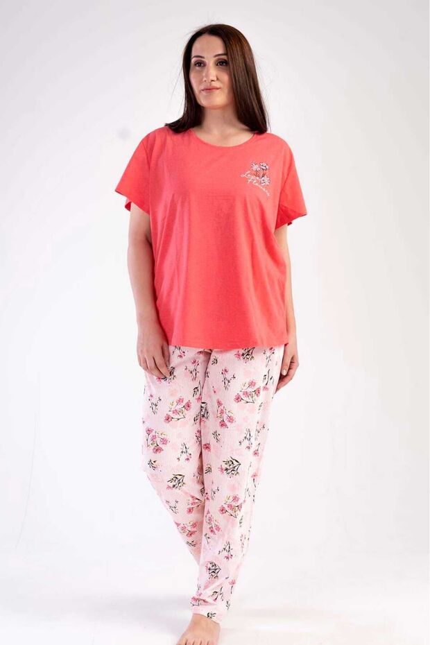 Women's Pomegranate Flower Short Sleeve Floral Pattern Crew Neck Oval Skirt Single Jersey Pajama Set