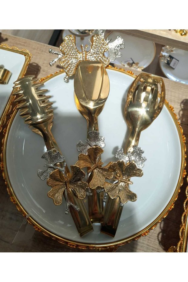 Gold Serving Tongs Set 3-Piece Avangard with Gold and Silver Butterfly Accessories