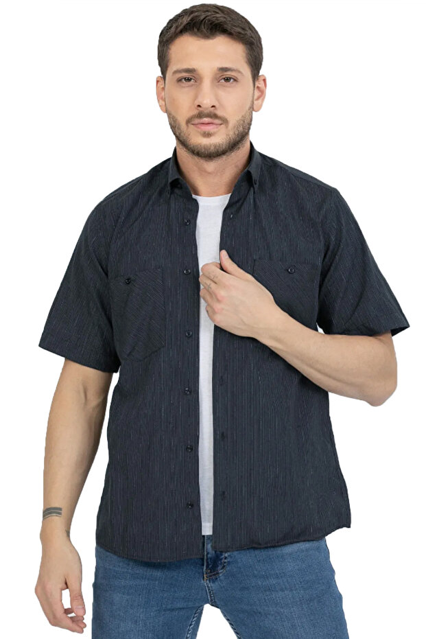 Men's Navy Blue Double Pocket Short Sleeve Striped Cotton Summer Shirt