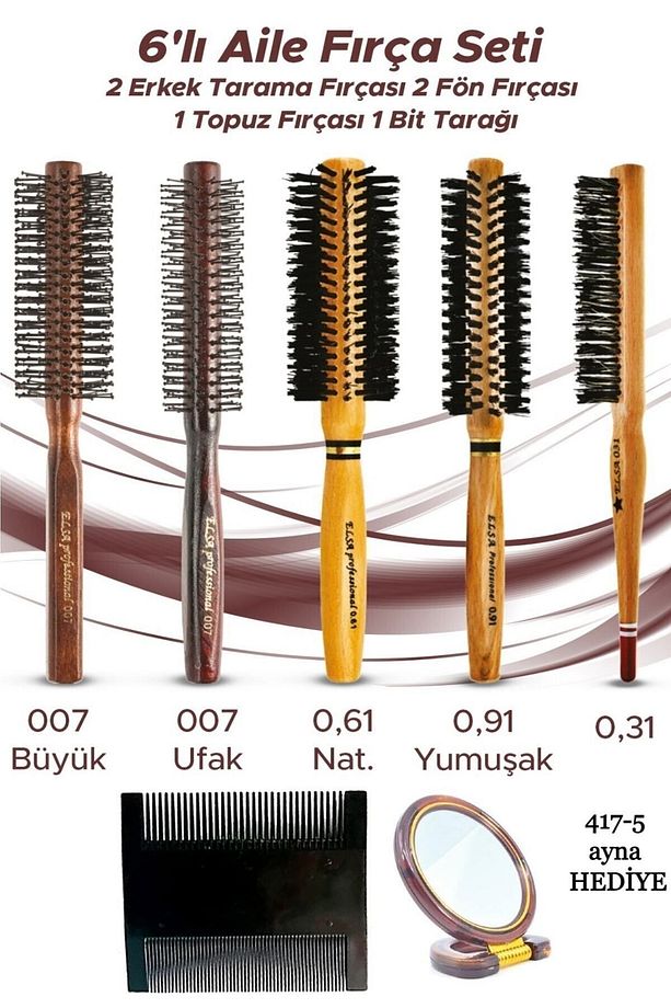 6'lı Aile Fırça Seti 2 Erkek Tarama Fırçası 2 Fön Fırçası 1 Topuz Fırçası 1 Bit Tarağı Ayna 417 - 1