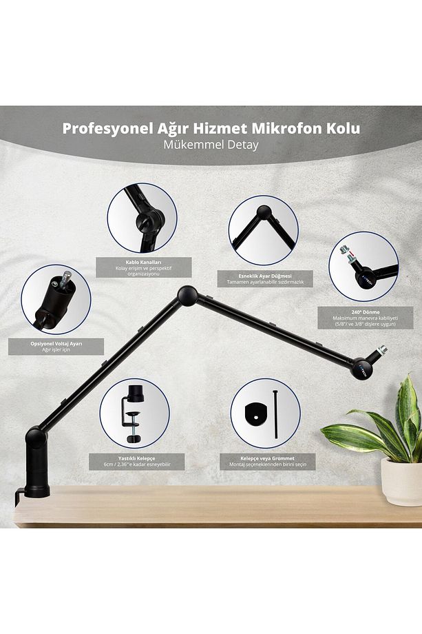 Mikrofon Tutucu Stand - Yayın Ve Podcast Için Ayarlanabilir 360° Mikrofon Kolu Boom Arm - Hero - 8