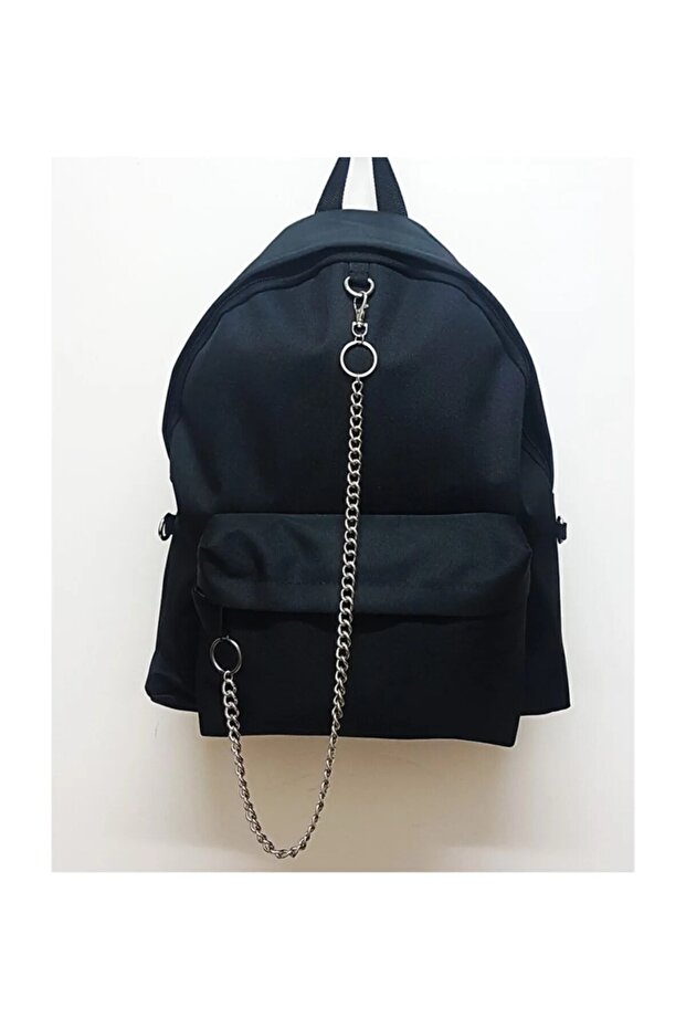 Chain Detail Plain Black Unisex School Bag
