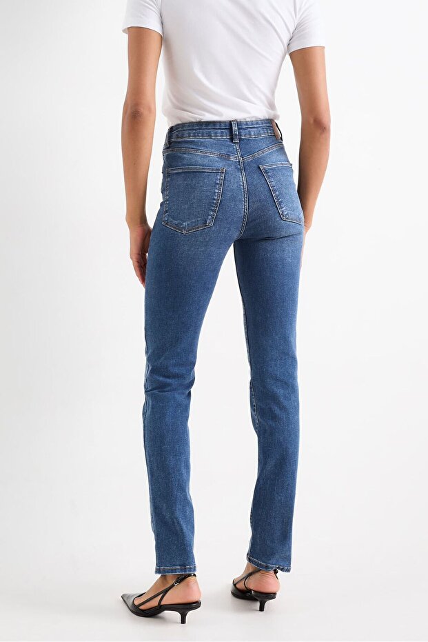 Koyu Mavi Retro Stright Düz Kot Pantolon Yüksek Belli Bel Düz Paça Kot Pantolon - 3