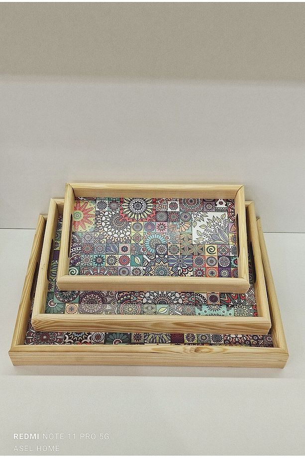 Ahşap Çini Desenli 3'lü Mandala Tepsi - 4