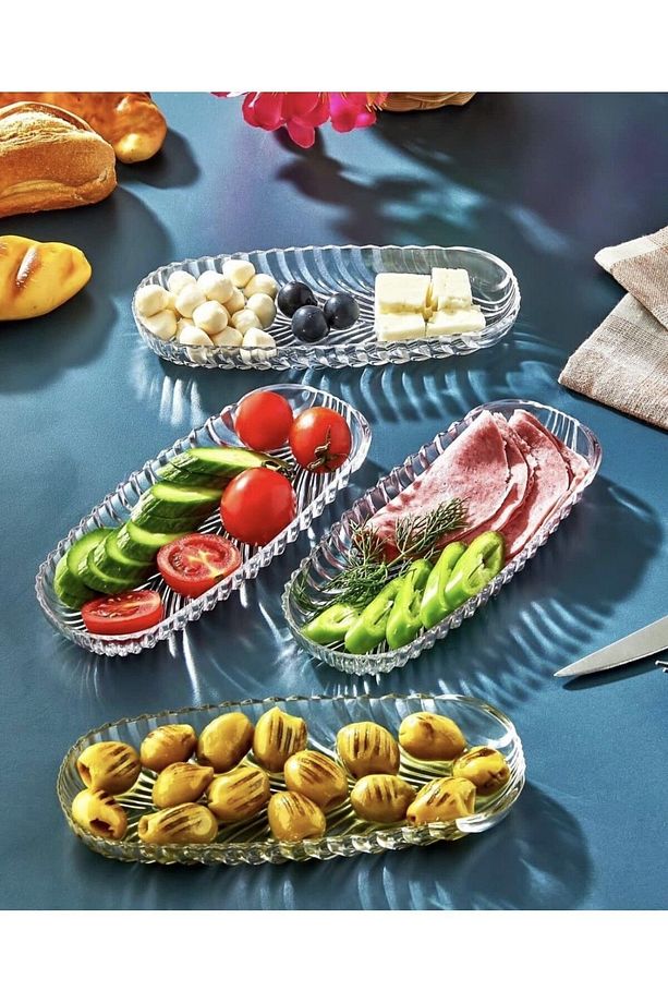 4 Adet Cam Oval Balık Sırtı Çerez Meyve Meze Tabağı 4 Adet Sunum Tabağı Kahvaltı Sunum Tabağı19 Cm - 5