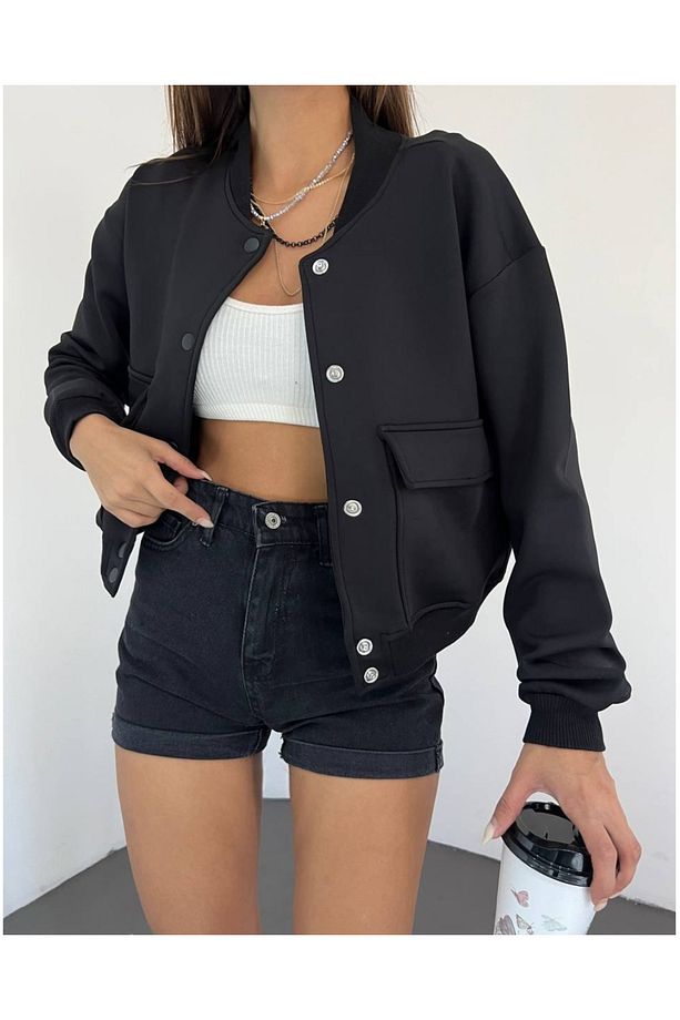 Scuba Dalgıç Kumaş Çift Cepli Çıtçıtlı Bomber Ceket - 4