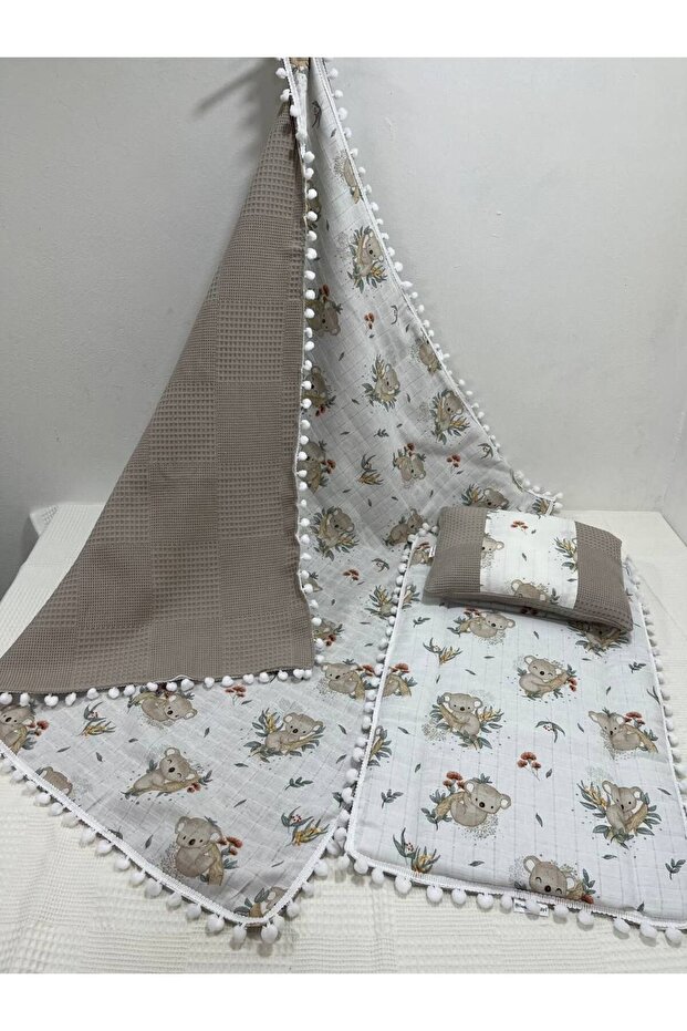 Brown, Muslin and Pompom Underpants, Pillow and Blanket Set of 3