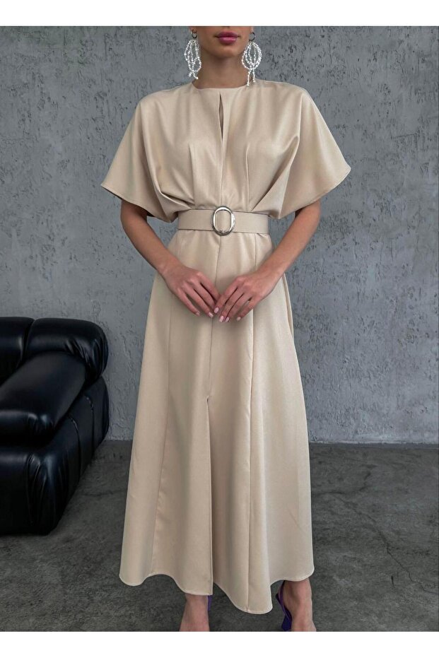 Bej Kemerli Elbise - 2