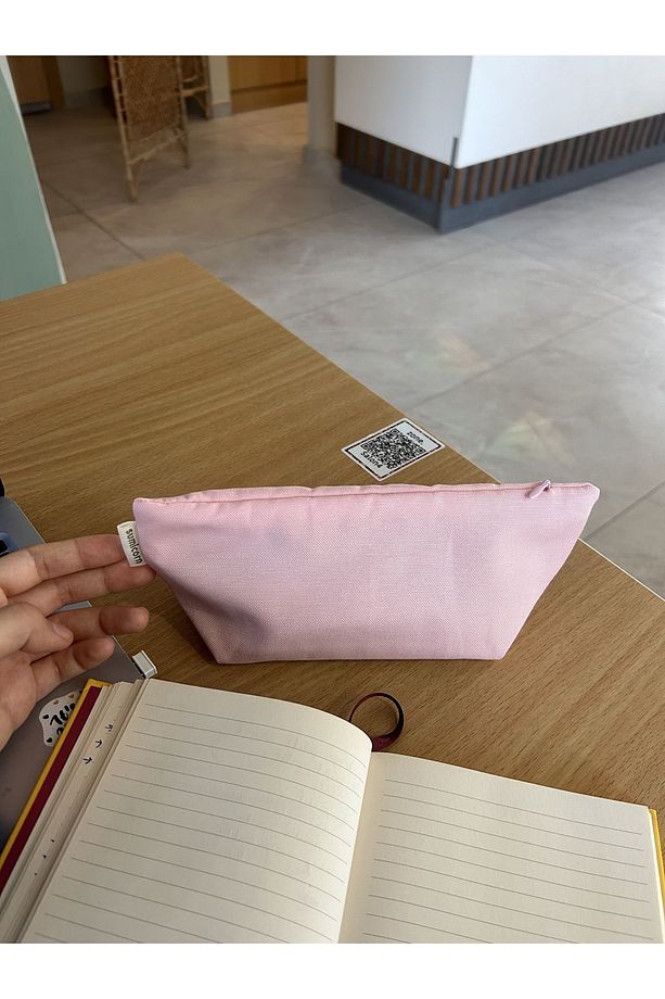 Soft Pudra Pembe Yıkanabilir Fermuarlı Tek Gözlü Bez Kalemlik Kalem Kutusu Cüzdan Makyaj Çantası - 6