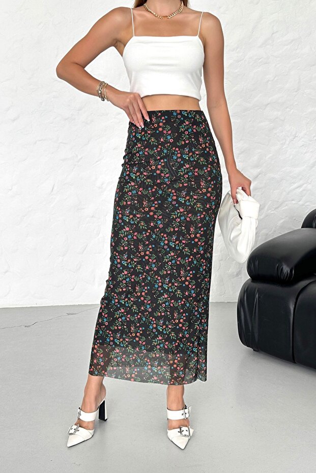 Midi Length Black Floral Patterned Tulle Skirt