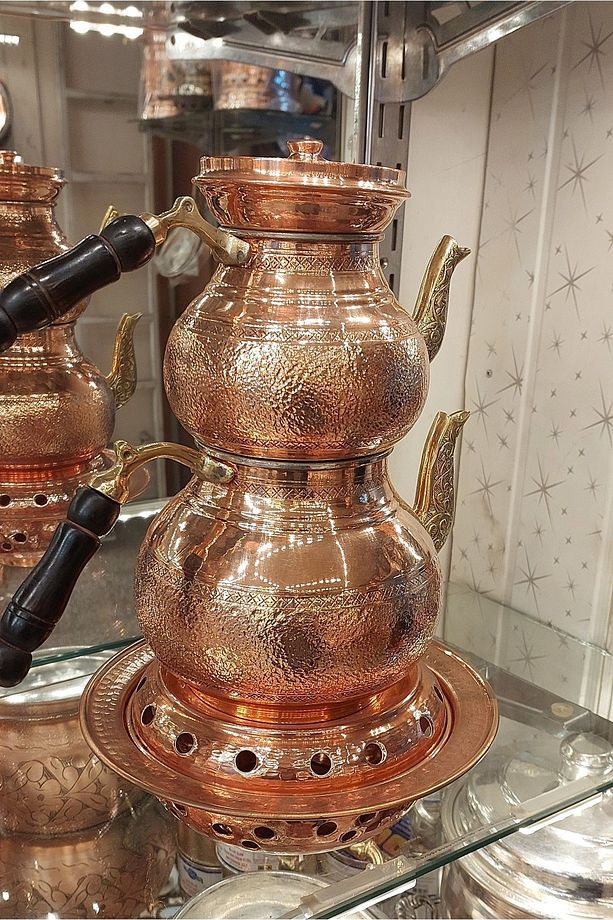 Bakır Çaydanlık & Bakır Demlik El Yapımı Taşlamalı Desenli Çaydanlık Osmanlı Ocaklı Büyük Aile Boy - 4