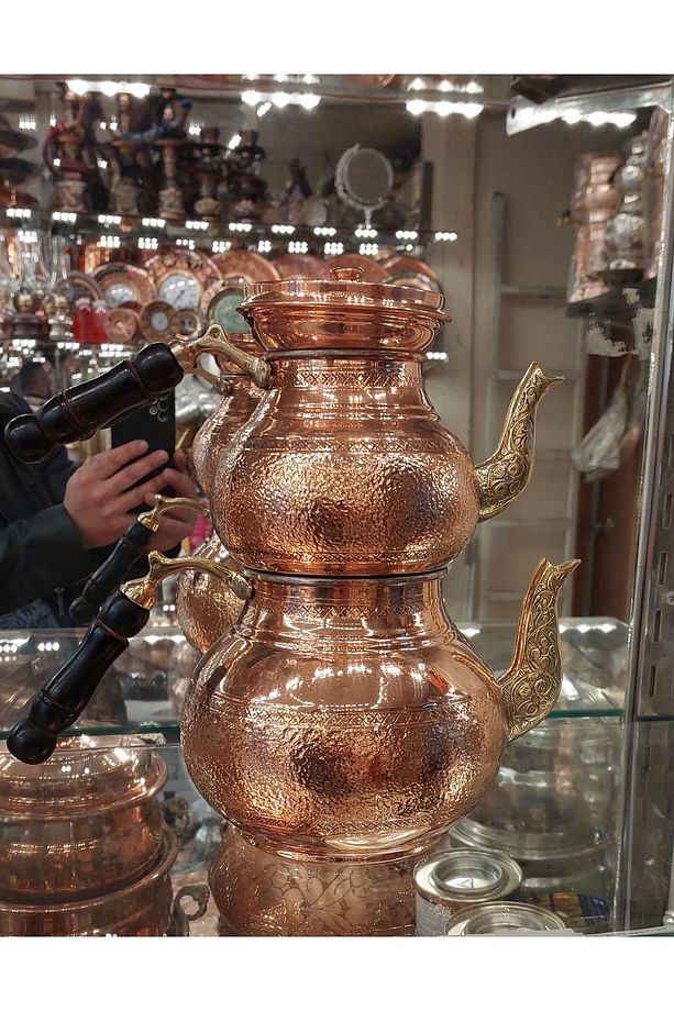 Bakır Çaydanlık & Bakır Demlik El Yapımı Taşlamalı Desenli Bakır Çaydanlık Büyük Aile Boy - 4