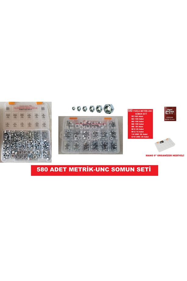 Somun Seti Metrik-unc 580 Parça Set- M3 - M4 -m5-m6- M8 -m10- M12 1/4unc- 5/16unc - 3/8unc - 1