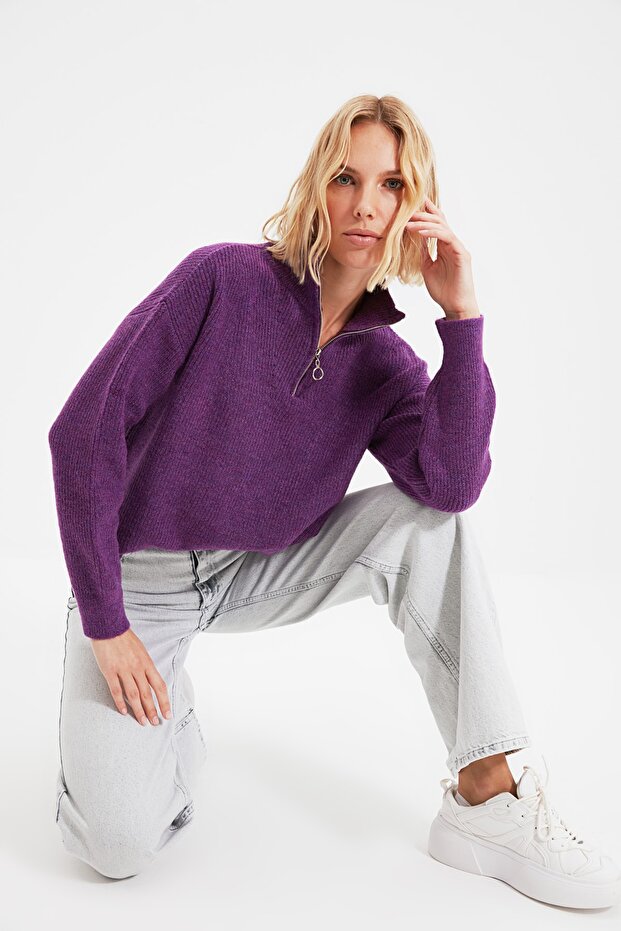 Hellvioletter Strickpullover mit weicher Struktur und Reißverschluss TWOAW20XS0009 - 11