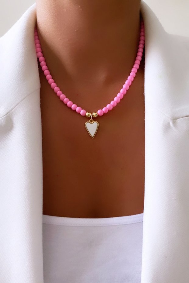 Pink Glass Bead Heart Pendant Necklace