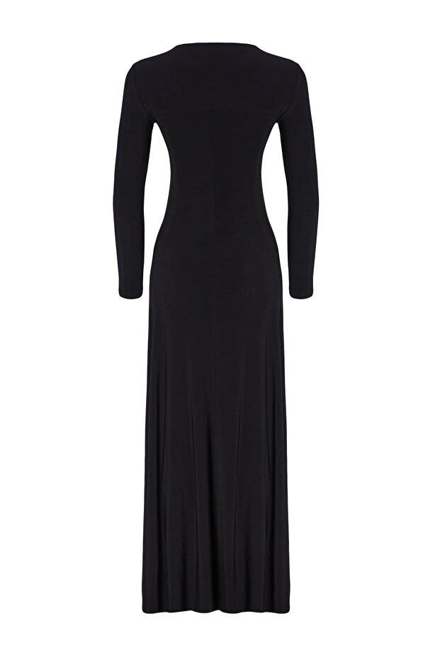 Siyah V Yaka Skater/Belden Açılan Esnek Maxi Örme Elbise TWOAW25EL00299 - 6